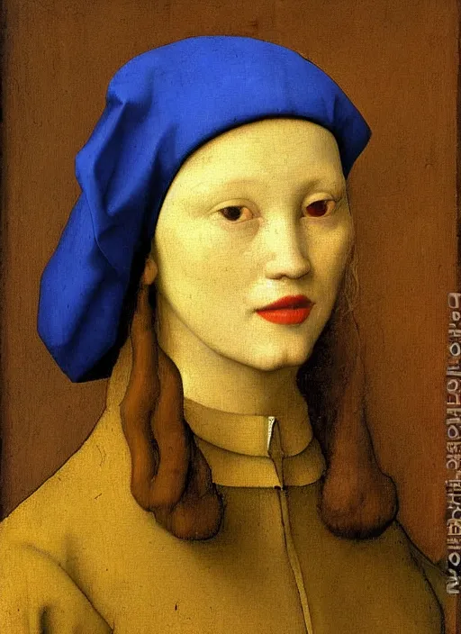 Image similar to red hat, medieval painting by jan van eyck, johannes vermeer