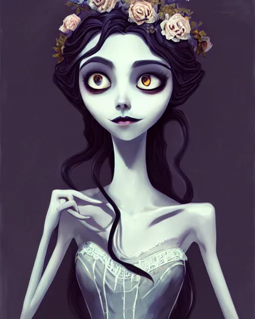 Image similar to elegant mysterious gracious undead victoria everglot from the corpse bride, portrait, illustration, the land of the death, piano in victorian front hall scene, rim light, top light, summer clear blue sky, perfectly shaded, soft painting, art by krenz cushart and wenjun lin