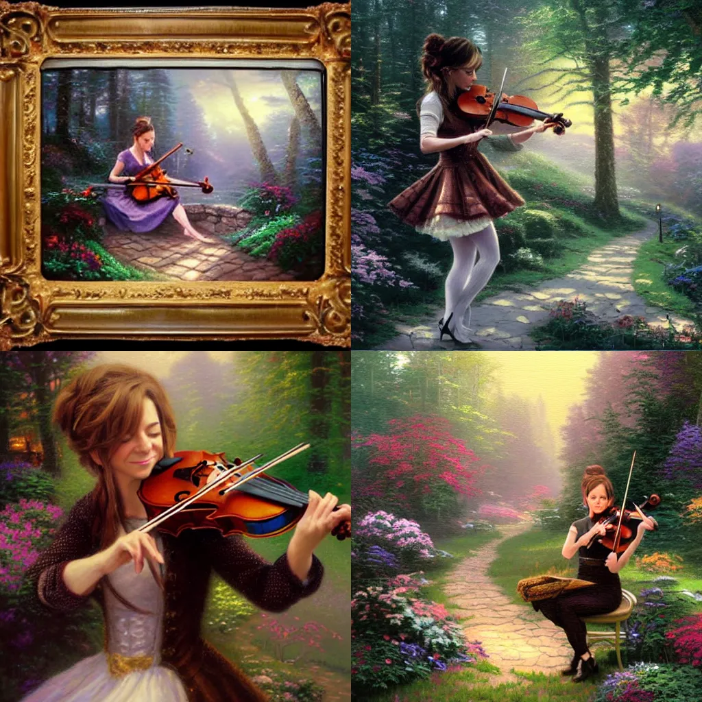 Prompt: thomas kinkade painting of lindsey stirling playing violin the woods