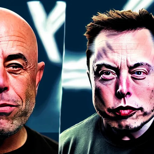 Image similar to joe rogan and elon musk trippy, real life, 8 k, 4 k uhd, realistic, hyper realistic, super detailed, very detailed, detailed