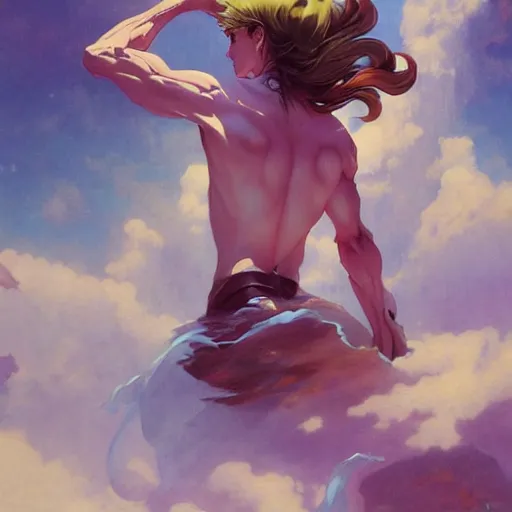Image similar to art by makoto shinkai, art by boris vallejo, art by gaston bussiere, photorealistic dramatic liquid anime boy, retro psychedelic posters, dramatic color, houdini, by peter mohrbacher, vfx, art by boris vallejo, volumetric fog, concept art, by atey ghailan