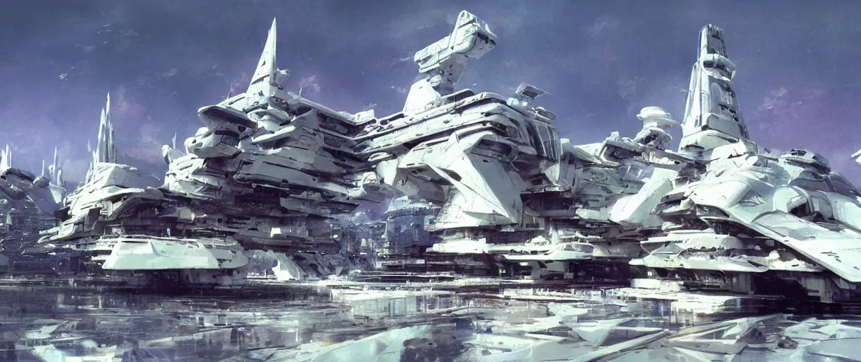 Prompt: huge white spaceship with superstructure deck, by john berkey, detailed sci fi digital matte painting concept art, unreal