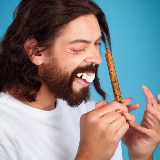 Prompt: Jesus smoking weed and laughing, profile picture, studio photography