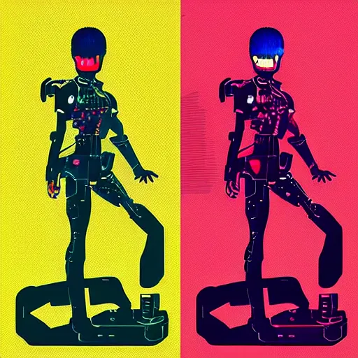Image similar to “ a highly detailed full body portrait of a cyborg ninja by ilya kuvshinov in synthwave style with a cyberpunk colorful background with brokeh effect ”