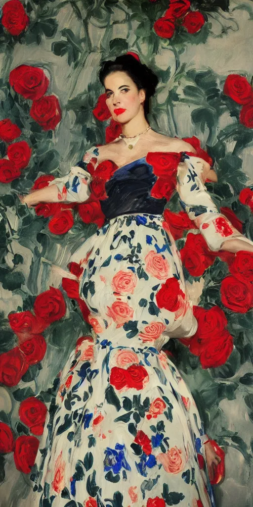 Image similar to portrait of rebekah delrio in lynch pattern dress beside of a big persian detailed pot of red roses, blue and red lights, mulholland drive, painted by john singer sargent and kim jungi - w 5 7 6