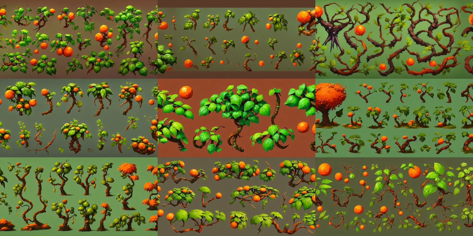 Prompt: game asset of plant and tree, in gouache detailed paintings, props, stylized, 2 d sprites, kitbash, nature, organic, ivy, arcane, overwatch, green, orange and brown color scheme, 8 k, close up