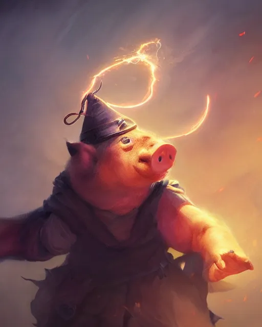 Image similar to oil painting of a Anthropomorphized Pig Wizard casting an epic spell, sharp focus, heroic pose, fantasy style, octane render, volumetric lighting, 8k high definition, by greg rutkowski, highly detailed, trending on art Station, magic the gathering artwork, centered