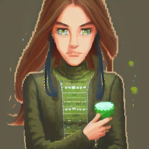 Prompt: isometric view, pixel art, game freak style, a girl, brown jacket with long sleeves, brown hair, hair down, pigtails hair, green eyes, grey background, volumetric lighting, fantasy, d & d, 4 k, trending on artstation, by greg rutkowski, blizzard warcraft