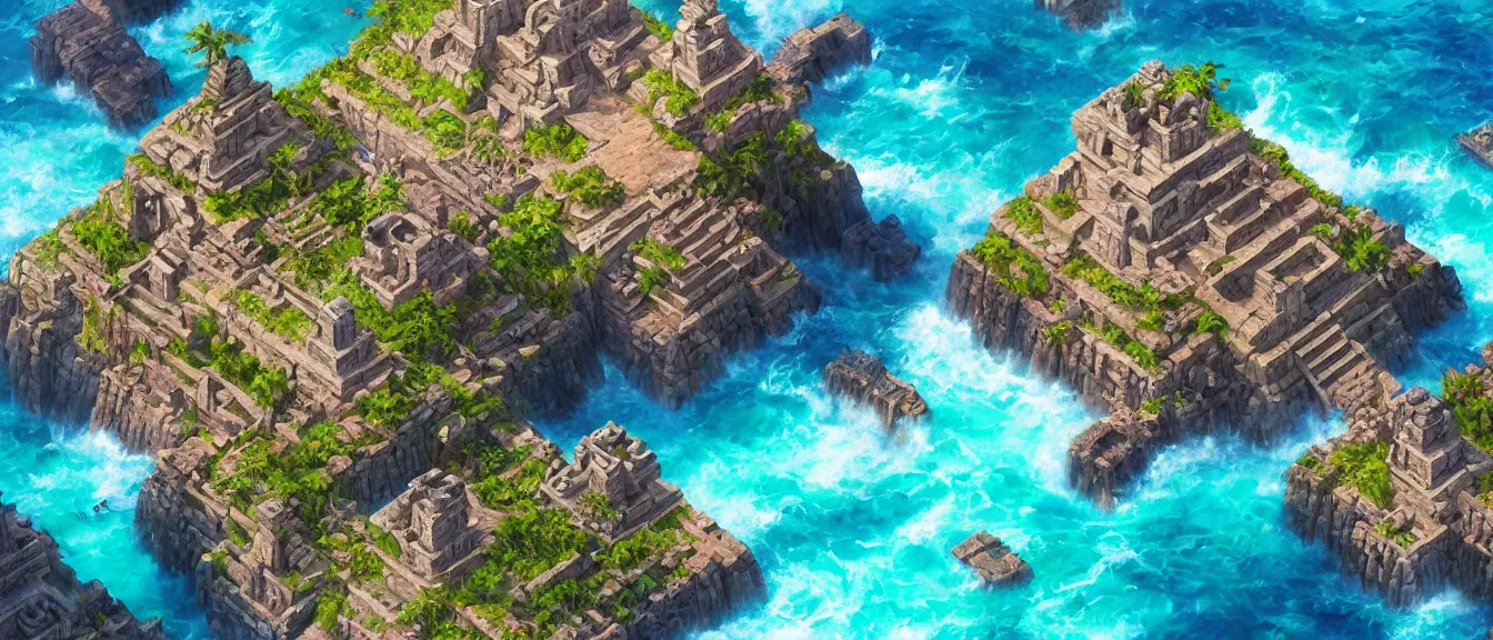 Image similar to dystopian mayan ruins on a colorful ocean, unreal engine, fantasy art by greg, loish, rhads, ferdinand knab, makoto shinkai, lois van baarle, ilya kuvshinov, rossdraws, tom bagshaw, global illumination, radiant light, highly detailed and intricate environment, isometric, trending onstudio ghibli, octane render, 8 k