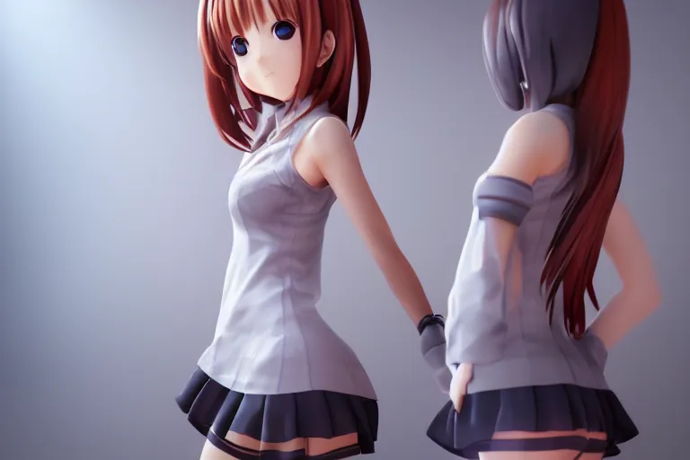 Image similar to still photo of an anime girl in a miniskirt, highly detailed, photorealistic portrait, bright studio setting, studio lighting, crisp quality and light reflections, unreal engine 5 quality render