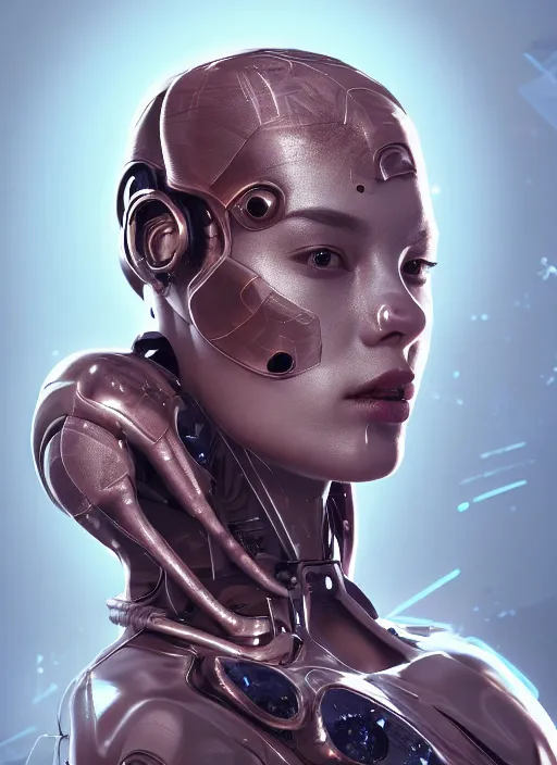 Image similar to beautiful portrait of an alien cyborg, style of Feng Zhu, Artstation geometric, aesthetic, smooth skin, unique features, symmetrical, intricate crown, high fashion, streetwear, cyberpunk, detailed, octane render, cinematic, 8k, purple skin, brown skin