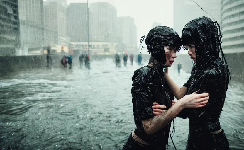 Image similar to cinestill 5 0 d candid photographic portrait by helen levitt of two loving female androids wearing rugged black mesh techwear in treacherous waters, extreme closeup, modern cyberpunk moody depressing cinematic, pouring rain, 8 k, hd, high resolution, 3 5 mm, f / 3 2, ultra realistic faces, ex machina