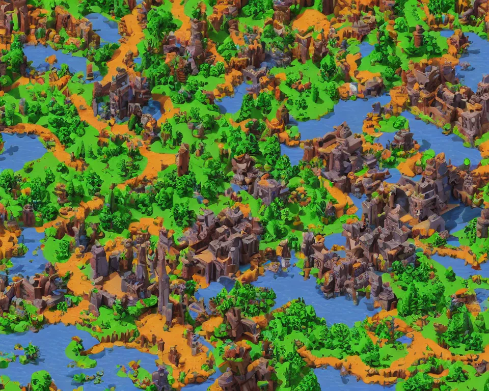 Prompt: the beastlands, isometric, made with voxels, avatar ( 2 0 0 9 ), lush landscape, jungle landscape