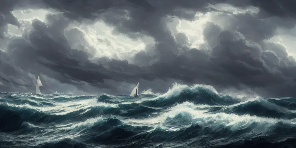 Prompt: A sailing boat struggles through stormy seas, an intense storm blacks out the sky, lit by lightning, Greg Rutkowski and Studio Ghibli
