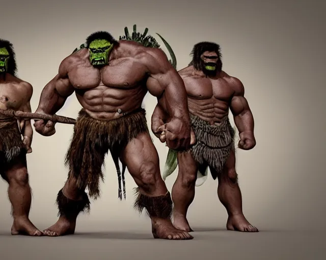 Prompt: hyper realistic group vintage photograph of a warrior orc tribe, tall, muscular, hulk like physique, sharp fangs and tusks, big arms, big hands, big feet, armored, tribal paint, highly detailed, 3 d render, unreal engine, octane render, cgi, vfx