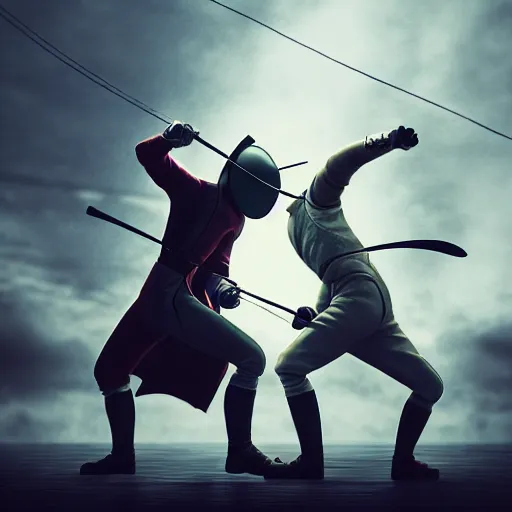 Prompt: a great fencing duel for the ages taking place in midtown england ilust. 1 7 8 4, atmospheric lighting, detailed, hdr, 4 k, best on wlop, pixiv, stunning, gorgeous, much wow, cinematic, masterpiece