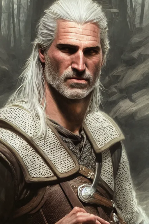 Image similar to photorealistic portrait photograph of geralt of rivia wearing an elegant tuxedo, depth of field, soft focus, highly detailed, intricate, realistic, national geographic cover, soft glow, textured, artstation, concept art, sharp focus, illustration, art by artgerm and greg rutkowski and alphonse mucha