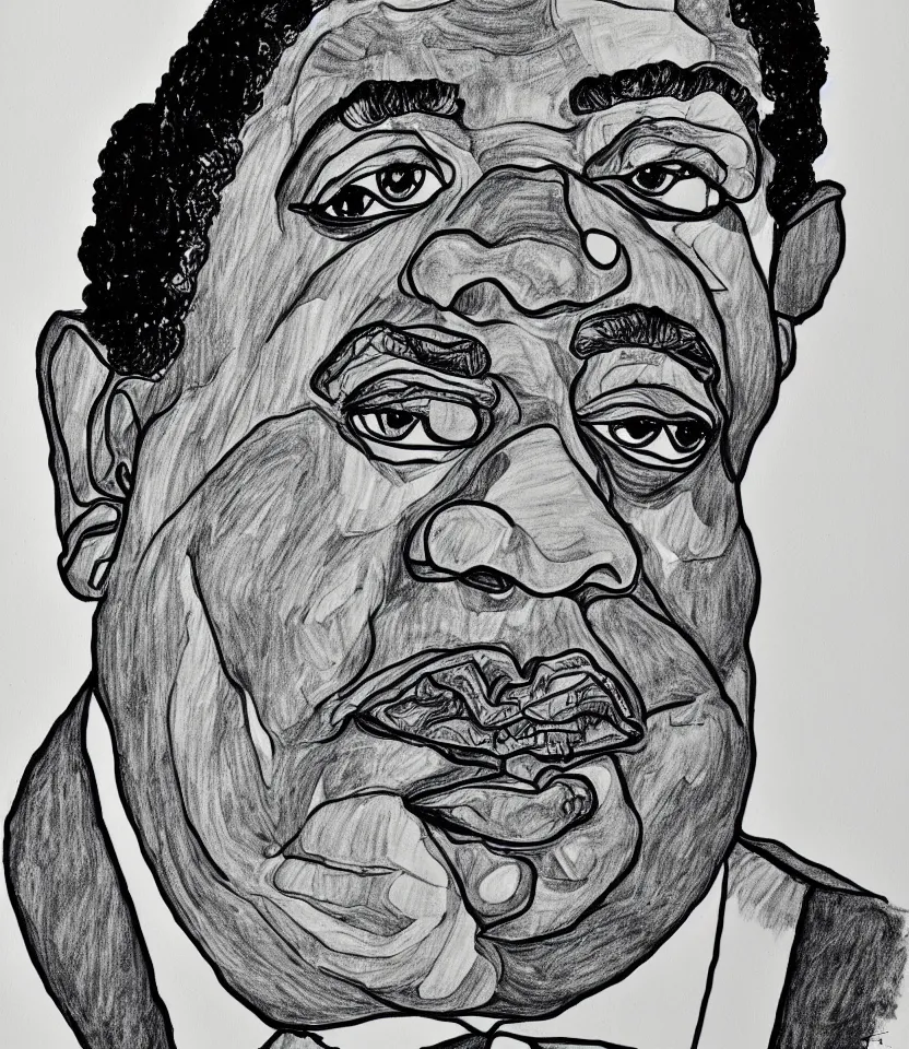 Image similar to detailed line art portrait of duke ellington, inspired by egon schiele. caricatural, minimalist, bold contour lines, musicality, soft twirls curls and curves, confident personality, raw emotion