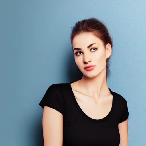 Prompt: clear photorealistic mockup product photograph of a blank black tshirt on an attractive female model in front of a living room background - h 7 0 4