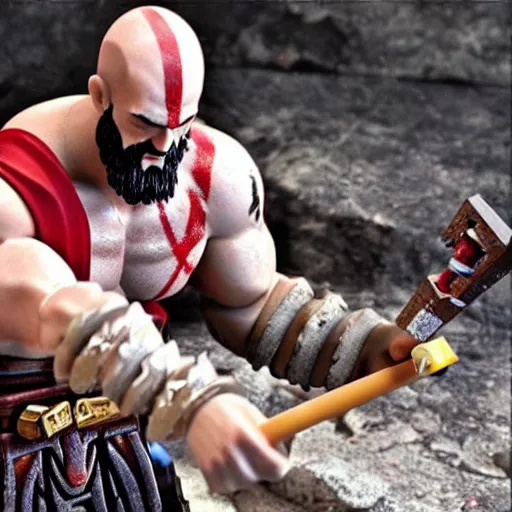 Image similar to kratos from god of war playing with a lego set