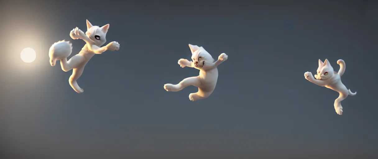 Image similar to hyperrealistic detailed 3d render of a cute moonchy catman jumping around sharp cinematic lighting vray 8k low angle shallow depth of field