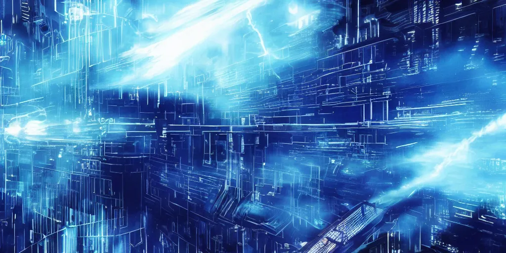 Prompt: A huge electrical generator with blue plasma flying off in a technological megastructure in the style of Bladerunner 2049