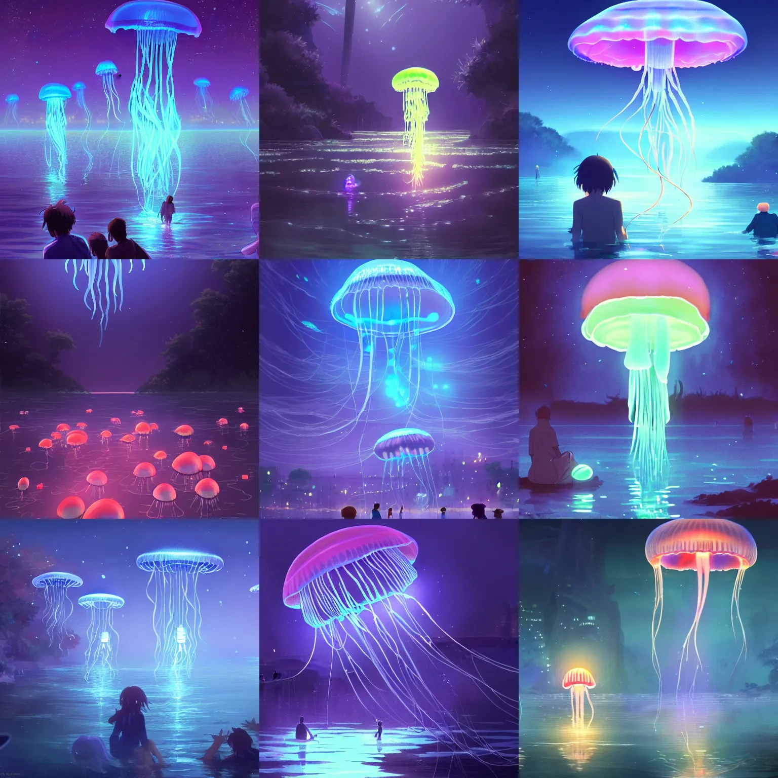 Prompt: glowing jellyfish immigration in a river crowd watching from the shore, evocative, mystical night, detailed, award - winning, trending on artstation, deviantart artwork by makoto shinkai and james gurney,