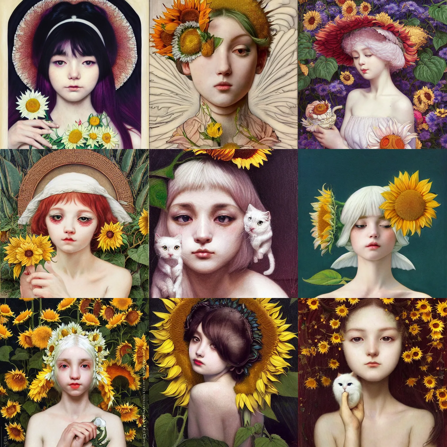 Image similar to white cat girl, botanical, sunflower, portrait face, colorful, frantisek kupka, intricate, miles johnston, kuroda seiki, cynical realism, ozabu, john william godward, painterly, yoshitaka amano, moebius, miles johnston, louise zhang, james jean, mark ryden lowbrow pop surrealism art style