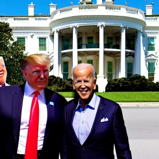 Prompt: donald trump poses with joe biden lookalikes in front of the white house as a protest, sunny day, detailed, detailed faces