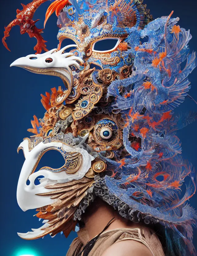 Image similar to 3 d shaman in venetian mask close - up profile portrait. beautiful intricately detailed japanese crow kitsune mask and clasical japanese kimono. betta fish, jellyfish phoenix, bio luminescent, plasma, ice, water, wind, creature, artwork by tooth wu and wlop and beeple and greg rutkowski