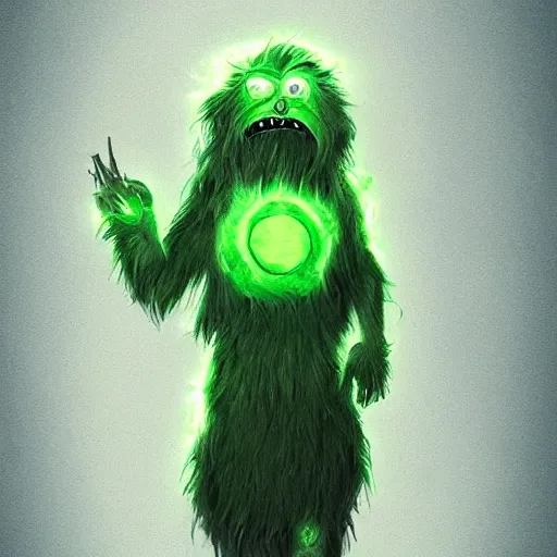Image similar to epic hairy monster covered in fur with glowing green eyes, concept art, digital character art, artstation, cgsociety