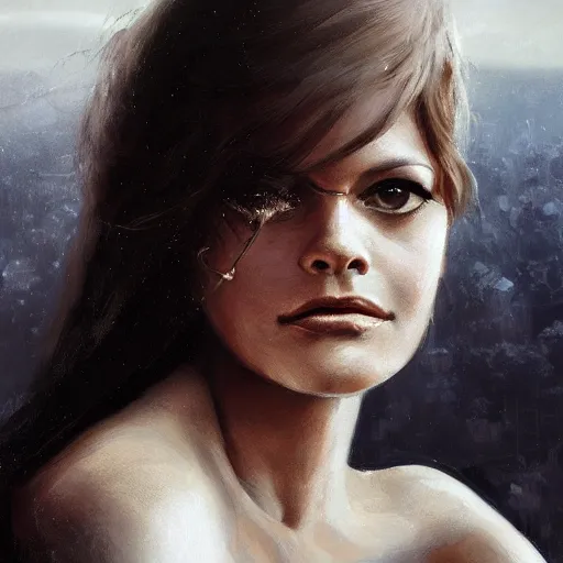 Prompt: closeup portrait of a young claudia cardinale, dramatic light, gorgeous view, depth, high detail, digital art, painted by greg rutkowski and seb mckinnon, by tim burton, trending on artstation