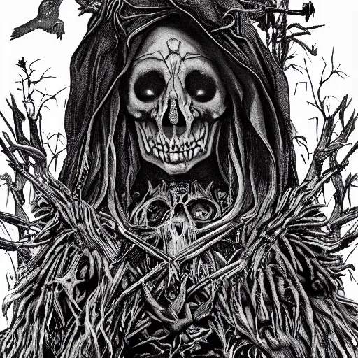 Prompt: cloaked witch with crow and rats in creepy black sabbath graveyard greyscale fine detail intricate large full moon above with skull face in it