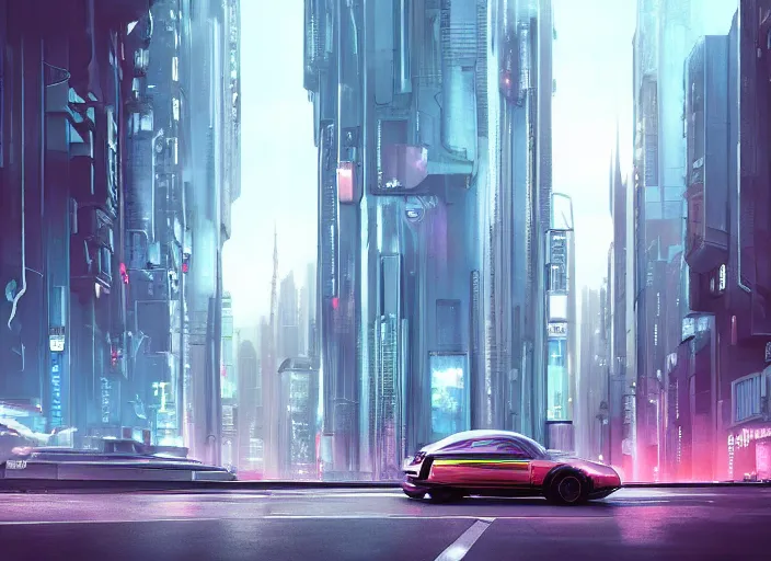 Prompt: a car driving down a street next to tall buildings, cyberpunk art by Vincent Lefevre, cgsociety, retrofuturism, matte painting, reimagined by industrial light and magic