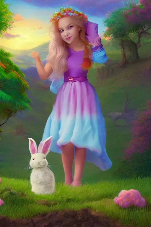 Image similar to matte sharp painting cute little girl and very furry rabbit landscape painted by mark rydel artstation behance storybook lisa frank