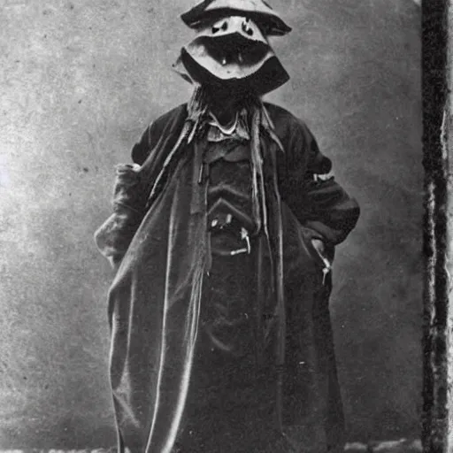 Prompt: hermit alchemist wearing scary clothing, 1900s photograph