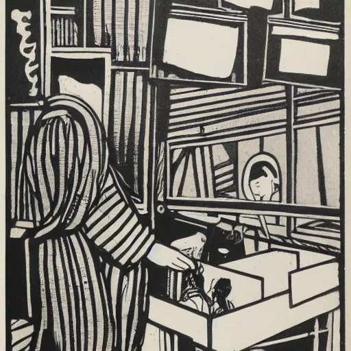 Prompt: Moodymann browsing a crate of reocrds, black ink illustration, woodblock print, by Aubrey Beardsley