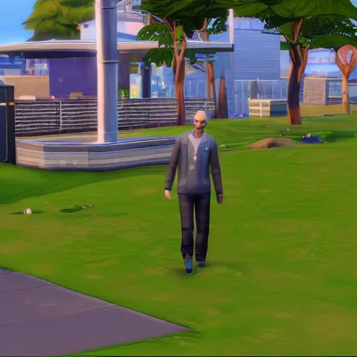 Image similar to videogame screenshot of walter white walking to work in the sims 4, realistic face