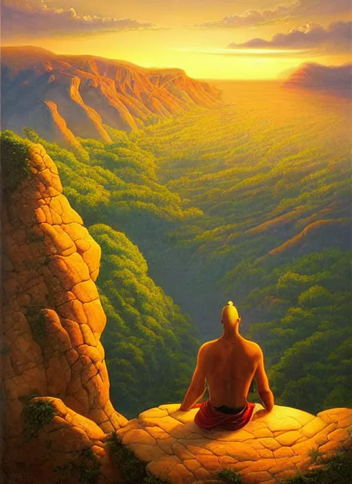 Image similar to an shaman sitting at the top of a cliff, looking down at the valley, doing a vision quest, beautiful sunset, art by vladimir kush