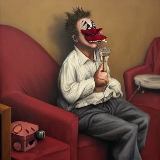 Prompt: a hyperrealistic painting of a depressed clown sitting backstage drinking whiskey and crying, by john kenn mortensen, highly detailed,