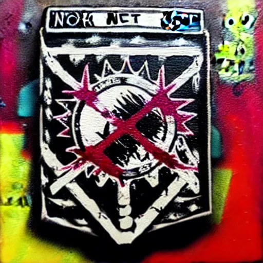 Image similar to painting on a badge!!!!, punks not dead!!!!, exploited!!, clash, junk yard, rats!!, god save the queen!!!, punk rock album cover art style!!, grunge!!, no future!!!!, glitch effect