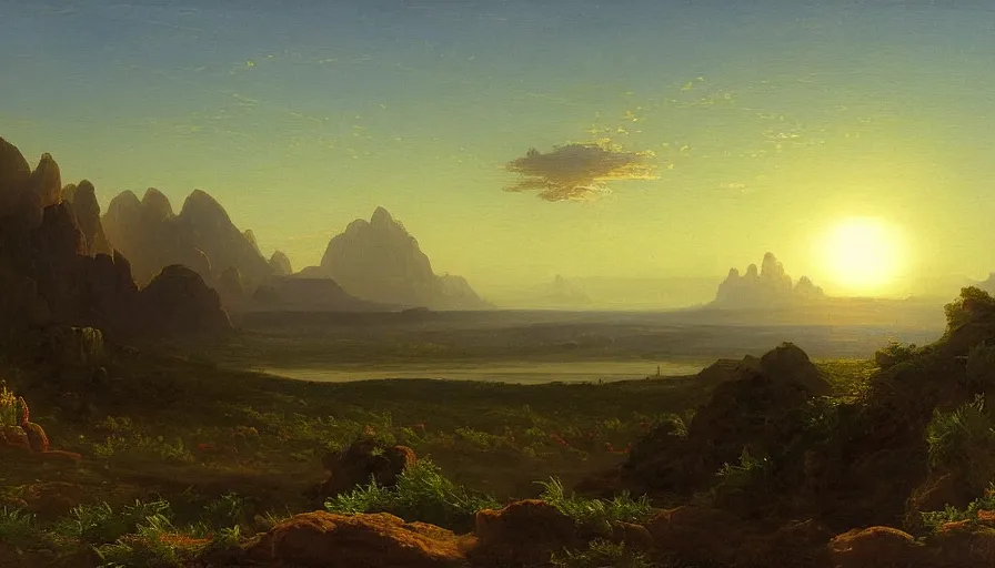 Image similar to a landscape painting depicting a remote arid planet with two suns above, oil on canvas, hudson river school, Thomas Cole, Fredric Edwin Church