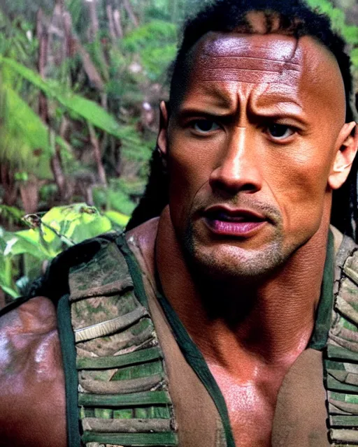Prompt: film still close - up shot of dwayne johnson from the movie predator. wearing wearing sunglasses and bandana. photographic, photography