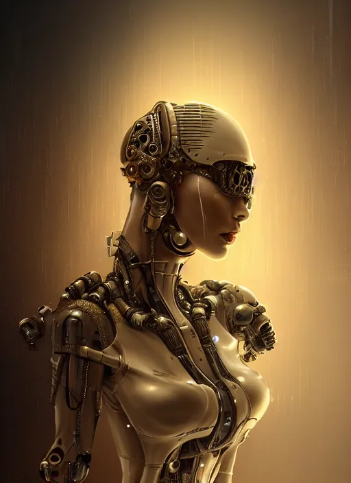 Image similar to soft lustrous hard tech ivory biotech raver gutter punk cyborg bioweapon, golden ratio, details, sci - fi, dark fantasy, cyberpunk, intricate, decadent, ornate, highly detailed, digital painting, octane render, 8 k, artstation, concept art, smooth, sharp focus, illustration, art by artgerm, loish, wlop