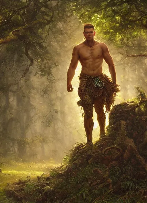 Image similar to intricate detailed portrait painting of a male warrior on a beautiful forest meadow, temple ruins surrounded by lush forest, afternoon, art by ralph horsley and swanland and tyler edlin and artgerm and greg rutkowski, atmospheric lighting, dynamic lighting