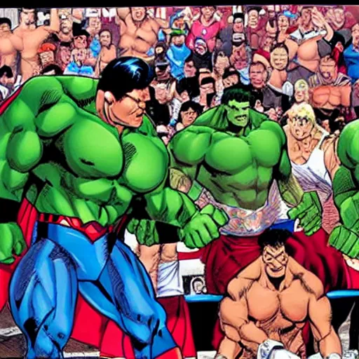 Image similar to supermen and hulk at WWE smacking down Vince McMahon