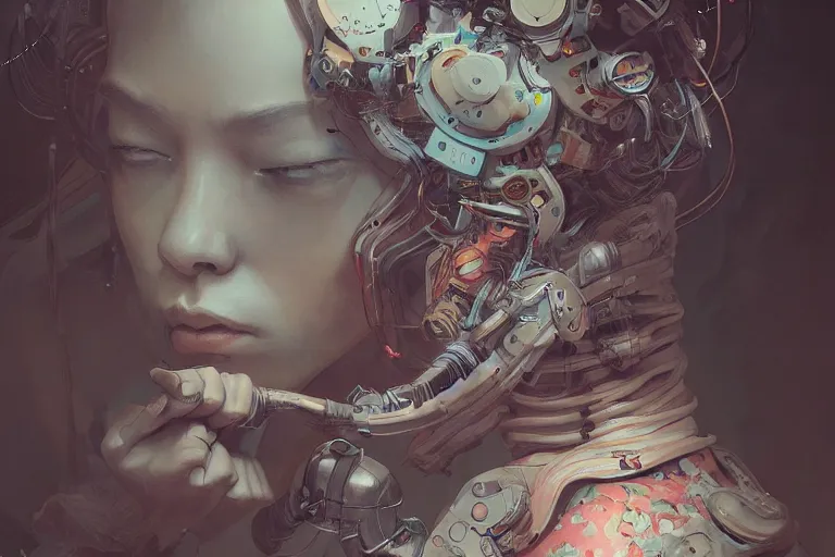 Image similar to hyperrealistic photography of a machine entering a female host in the style of Jin Kagetsu, James Jean and wlop, highly detailed, sharp focus, intricate concept art, digital painting, ambient lighting, 4k, artstation