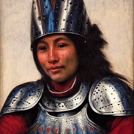 Prompt: head and shoulders portrait of a female knight, quechua!!, cuirass, tonalist!, symbolist, realism, chiaroscuro, baroque, indigo and venetian red, grisaille, detailed, raven, modeled lighting, vignetting, smiling