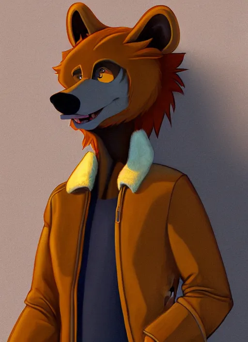 Image similar to expressive stylized master furry artist digital colored pencil painting full body portrait character study of the bear ( sergal ) small head fursona animal person wearing clothes leather bomber jacket pilot standing next to airplane by master furry artist blotch, sharp focus vintage disney animation style