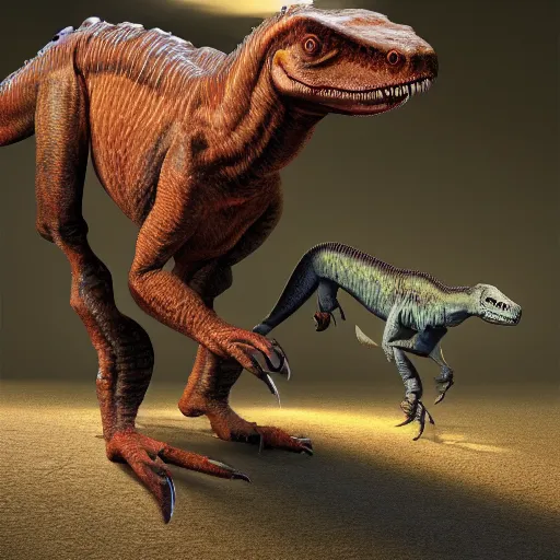 Image similar to A Trex-Raptor crossbreed, illustrated by Antoine Verney-Carron and J. Lesaffre, trending on artstation, 4k, 8k, artstation 3d render, artstation 3d, artstation graphics, artstation lighting